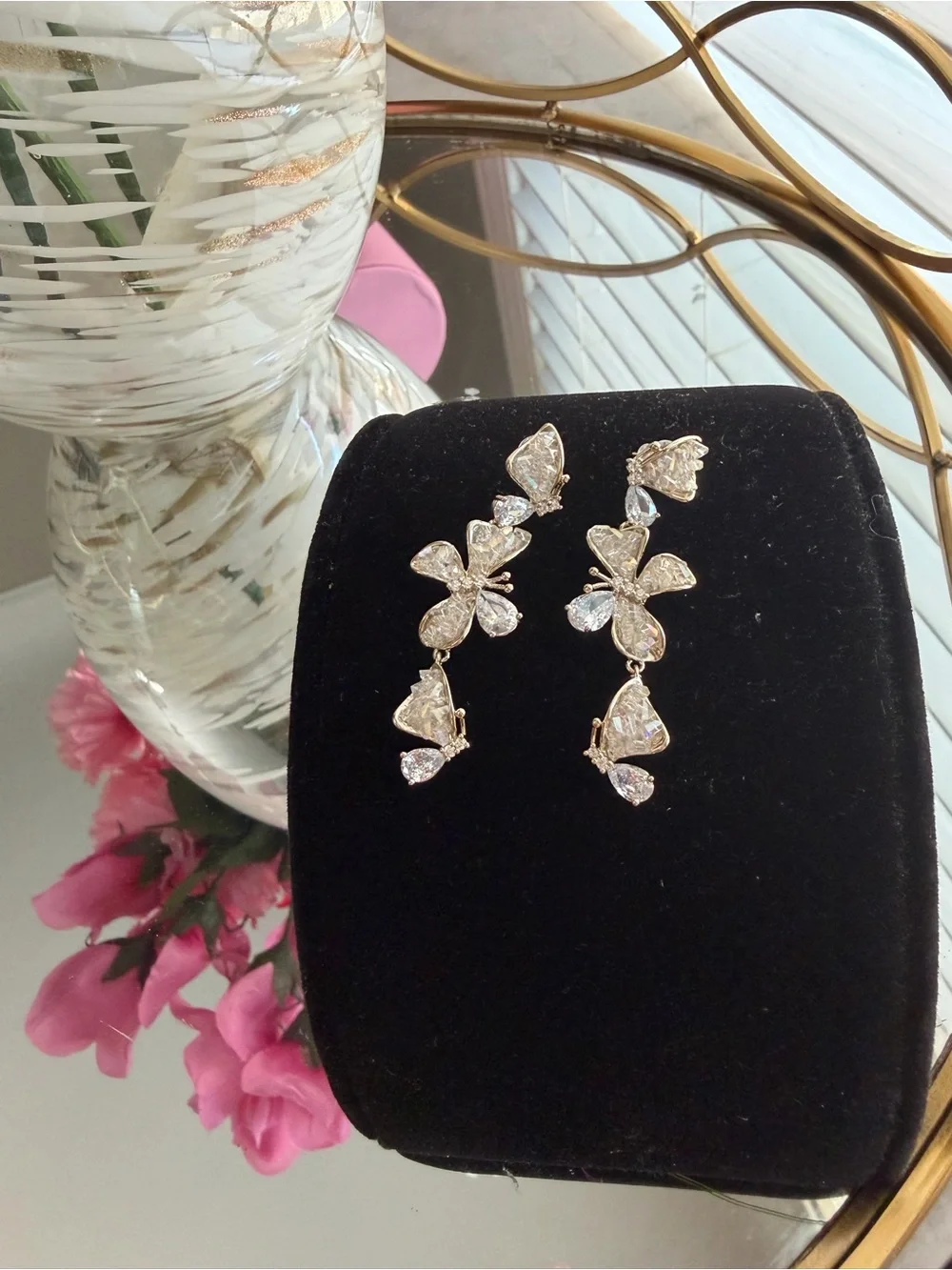 Crystal butterfly Drop Earrings - Gold Tone